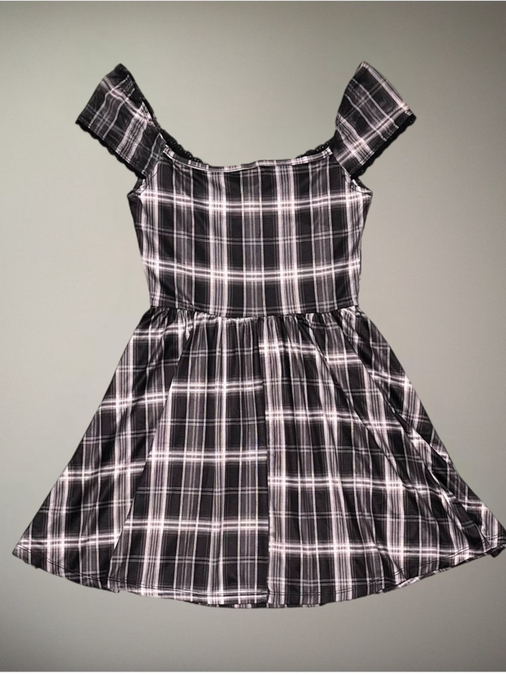 📓 SHEIN Black & White Plaid Babydoll Mini Dress~Women’s XS~Tie & Lace Detailing - Picture 4 of 6